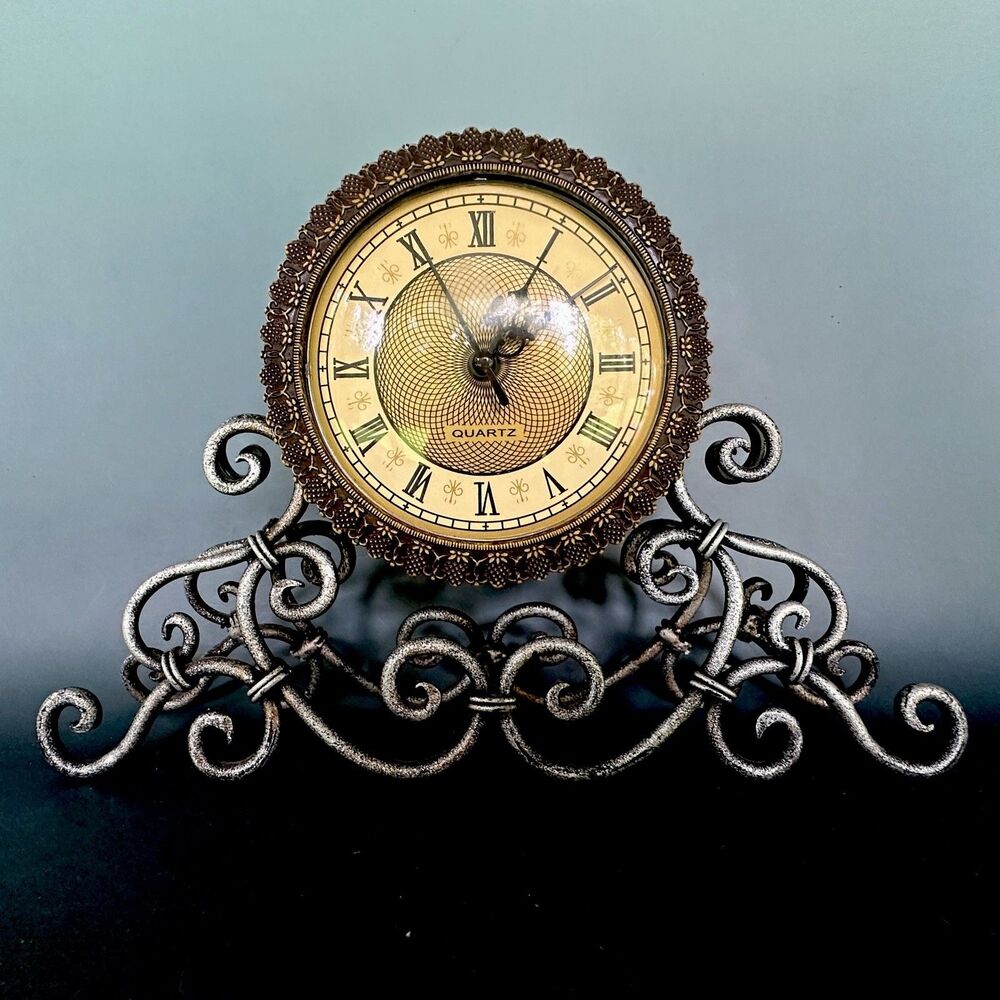 Vintage Quartz Mantel Clock Wrought Iron Scroll Base Decorative Non Working Prop